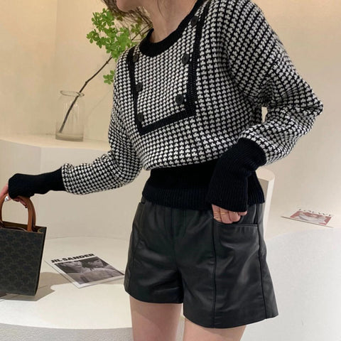 Sonicelife Houndstooth Vintage Sweaters Women Long Sleeve Casual Patchwork Knitted Jumpers Korean Loose O Neck Retro Buttons Pullovers