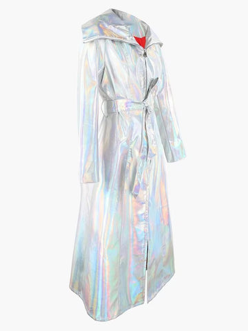 christmas outfit Sonicelife Spring Long Shiny Reflective Holographic Silver Faux Leather Trench Coat for Women with Hood Zip Up Y2K Streetwear