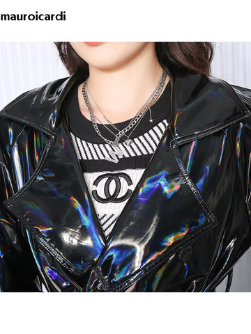 christmas outfit Sonicelife Spring Soft Thin Flowy Shiny Reflective Holographic Black PVC Faux Leather Trench Coat for Women Maxi Y2K Streetwear