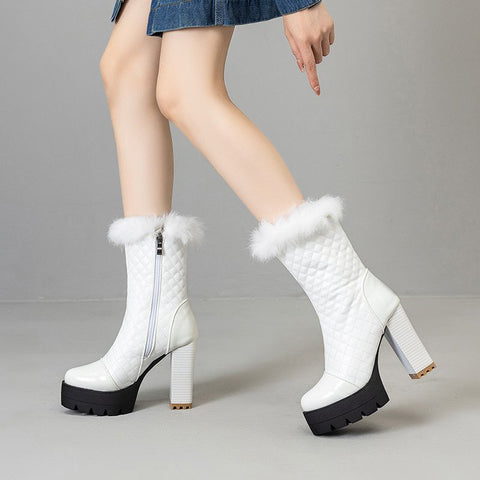 thanksgiving outfit Sonicelife Women Knight Boots Round Toe Block Heels 11cm Platform Hill Fur Mid Calf Bota Size 47 48