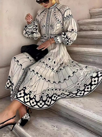Sonicelife 3D Geometric Print Bohemian Dresses for Women Stand Striped Lantern Sleeve with Sashes Wave Cut Female Elegant Long Dress Autumn