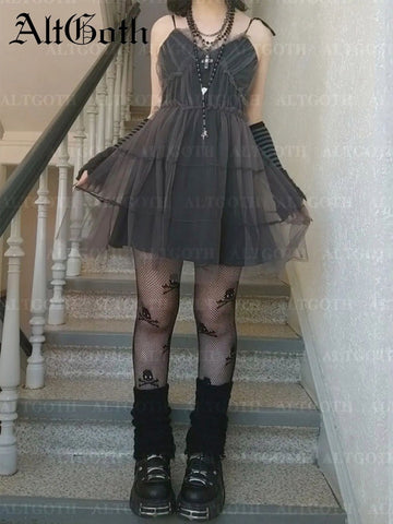 Sonicelife Y2k Gothic Mesh Dress Women Fairycore Grunge Streetwear Sexy Spaghetti Strap High Waist A-line Dress Soft Goth Outfits