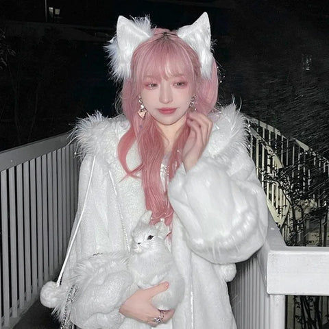 Sonicelife Autumn Winter New Elegant White Fur Hoodie Coat Women Y2k Harajuku Long Sleeve Zipper Sweatshirts Jacket Thicked Warm Leg Warmer