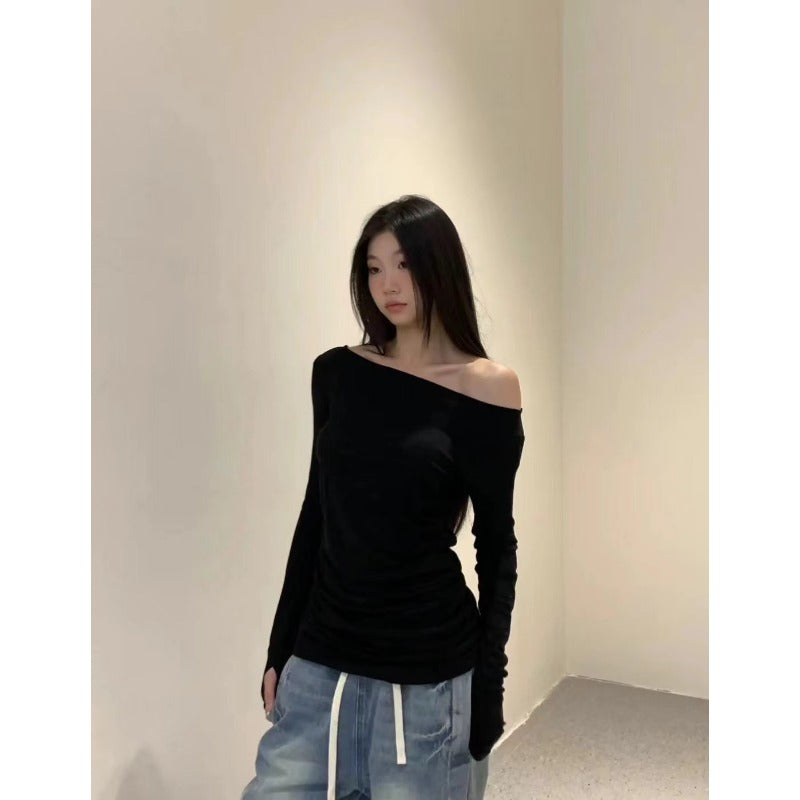 Sonicelife American Style Spicy Girl Irregular Tops Off Shoulder Thin Long Sleeved T-shirt Women New Basic Casual Korean Fashion Blouse