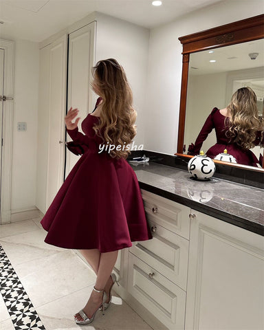 Sonicelife Customized Modern Style High Quality Jersey Pleat Flower A-line Square Neck Knee Length Dresses Bespoke Occasion Dresses Formal (PRE-ORDER)