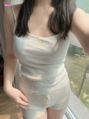 Sonicelife Yellow Duck Embroidery Cute Tees Camis Tank + Cartoon Chic Shorts Two Piece Set For Women Homewear Y2K Casual Summer Female Suit
