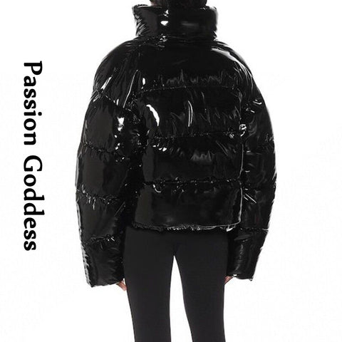 Sonicelife Women Winter Bright PU Puffer Jacket Warm Thick Bubble Coat Oversize Zipper Glossy Leather Down Parka Outerwear Cute Pink Jacket