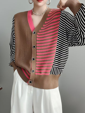 christmas outfit Sonicelife Long Sleeves Loose Buttoned Contrast Color Split-Joint Striped V-Neck Cardigan Tops Knitwear