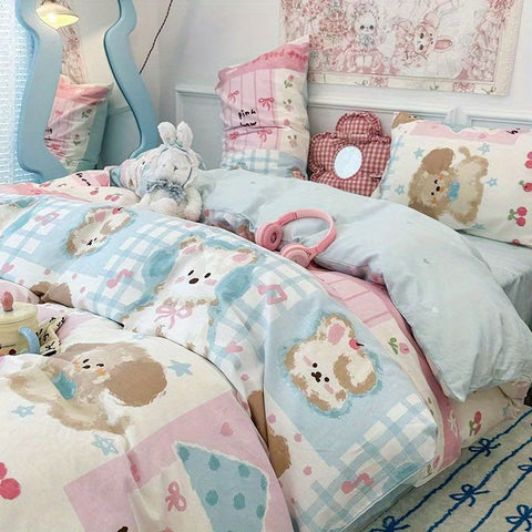 Sonicelife Cute Kids Bedding Set Rabbit Dinosaur No Filler Single Queen Size Duvet Cover Flat Sheet Pillowcase Girls Boys Comforter Duvet