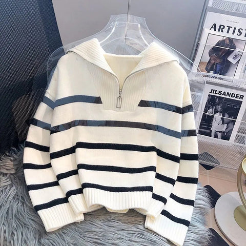 Black Friday Sonicelife Korean Striped Knit Pullover Women Half Zip Casual Loose Lazy Autumn Winter Jumpers Pretty Style Basic Warm Female Sweater