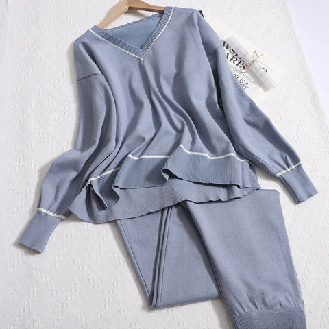 Sonicelife Stripes V-neck Long Sleeve Top and Elastic High Waist Wide Leg Pants  Two-piece Women Office Loose Knit Outfi Set Office