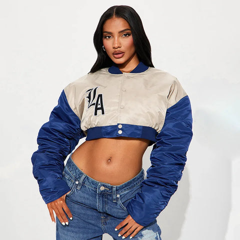 Sonicelife Y2K Women Letter Embroidery Crop Baseball Jackets Pleated Sleeves Outcoats Varsity Single Breasted Button Bomber Jacket Uniform