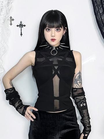 Sonicelife Dark Cyberpunk Gothic Vest Women Streetwear Harajuku Sexy Emo Alt Cross Strap Short Sleeve O-neck Crop Tank Tops Female