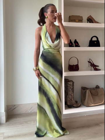 Sonicelife 2025 New Gradient Tie Dye Contrasting Halter Dress Women Open Back Sleeveless Maxi Robes Female High Street Party Long Dresses