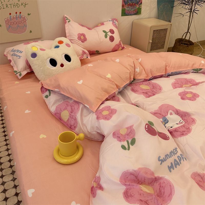 Sonicelife Floral Bedding Set Korean Style Twin Double Size Duvet Cover No Filling Pillowcases Sheet Fashion Boys Girls Gift Home Textile