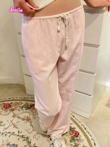 Sonicelife Sweet Pink Striped Drawstring Wide Leg Pants Women Casual High Waist Simple Streetwear Cotton Bottoms Vintage Y2K Loose Trousers