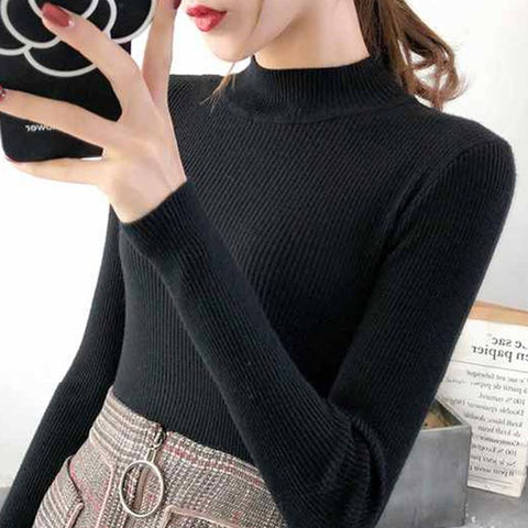 Sonicelife Mock Neck Women Sweater Vintage Basic Solid Knitted Tops Casual Slim Pullover Autumn Winter Korean Tops Simple Chic Jumpers