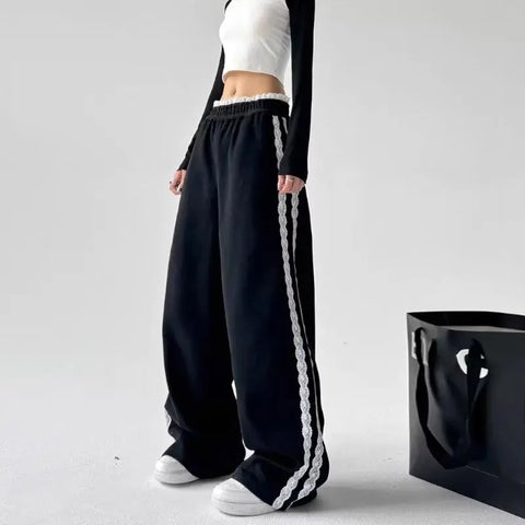 Sonicelife Lace Patchwork Sweatpants Women Y2K Streetwear High Waist Wide Leg Pants Korean Fashion Casual Elastic Waist Straight Trousers