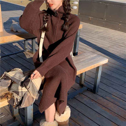 Black Friday Sonicelife Autumn Winter Turtleneck Knit Midi Dress Women Fashion Solid Zipper Sweater Pullovers Harajuku Streetwear Korean Loose Dress