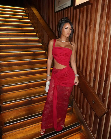 Sonicelife Sexy Red Lace Patchwork Pleated Maxi Dress Fashion Sleeveless Off-the-shoulder Slim Fit Gown New Female Dinner Party Vestidos