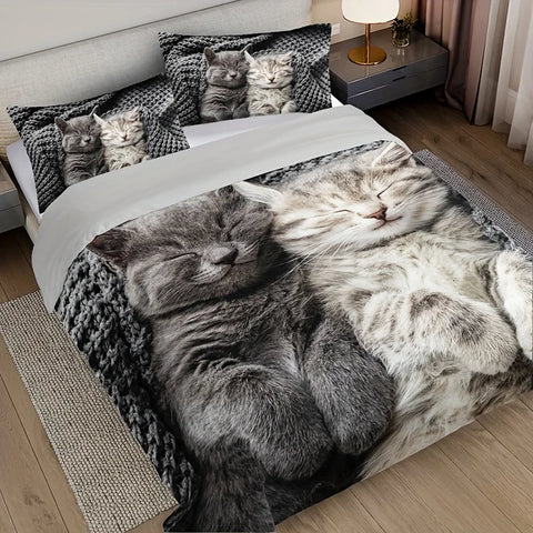 Sonicelife 3pcs Cat Animal Duvet Cover Set 3D Cute Pet Cat HD Printing Bedding For Home Dorm