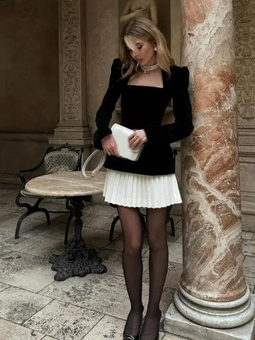 Sonicelife 2025 Elegant Velvet High Waist Spliced Mini Dress Fashion Women Square Neck Long Sleeve Gowns Autumn Winter Lady New Party Wear