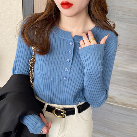 Black Friday Sonicelife Autumn Winter Sweater Women Korean Slim Button Solid Knitted Long Sleeve Pullover Fashsion Elegant Bottom Basic Female Jumpers