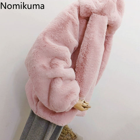 Sonicelife Winter Oversized Warm White Faux Fur Coats Women Clothes Bunny Ears Kawaii Sweet Cute Japanese Y2k Tops Fluffy Jacket Hoodie