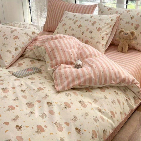 Sonicelife Cute Bear Bedding Set No Filler Ins Korean Style Duvet Cover Pillowcase 2024 New Single Full Size Kids Adult Soft Bed Linen