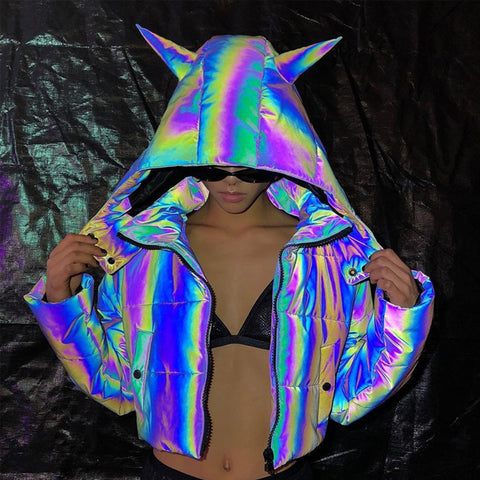 Sonicelife Fashion Women Winter Reflective Parkas Down Outcoats Thick Oversized Cool Luminous Hooded Jackets Coats Chaquetas Mujer Invierno
