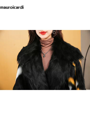 christmas outfit Sonicelife Winter Long Colorful Shaggy Hairy Thick Warm Faux Fur Coat Women Sashes Elegant Multicolored Luxury Furry Overcoat