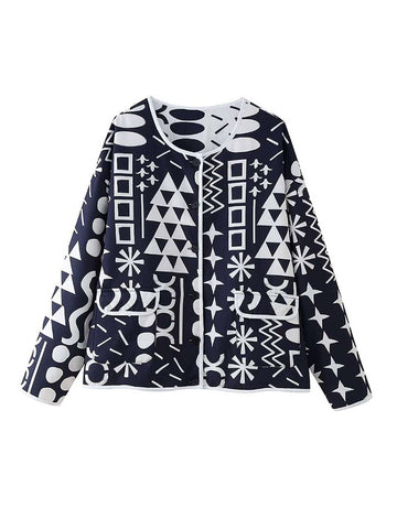 Sonicelife Chic Print Quilted Coat Women Loose O-neck Single-breasted Pocket Long Sleeve Female Jacket 2024 Autumn Lady High Street Outwear