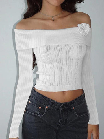 Sonicelife-Solid Flower Decor Off Shoulder Sweater