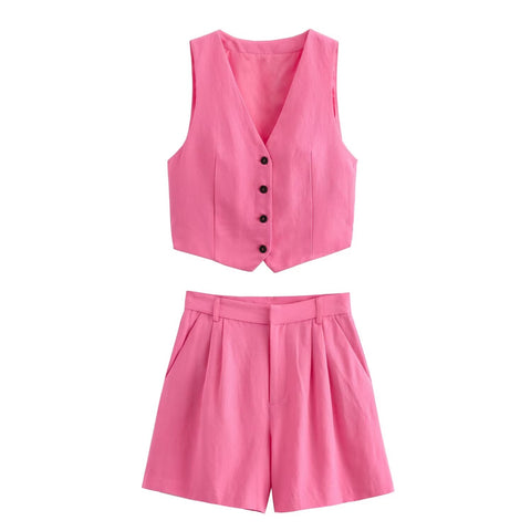 Sonicelife Single Breasted Vest with Split Linen for Women Pleated Design High Waisted Casual Shorts Set New