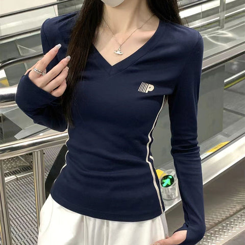 Sonicelife Vintage V Neck Warm Long Sleeve T Shirt Women New Slim All Match Tops Autumn Winter Korean Chic Casual Female T Shirt