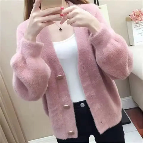 christmas outfit Sonicelife 2025 Spring and Autumn Women's New Fashion Commuter Mink Fleece Cardigan Coat Loose Korean Short Comfortable Versatile Sweater