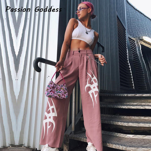 Sonicelife Elegant Women High Waist Wide Leg Pants Printed Loose Pink Trousers Gothic Black Baggy Pants Harajuku Pants Lady Streetwear