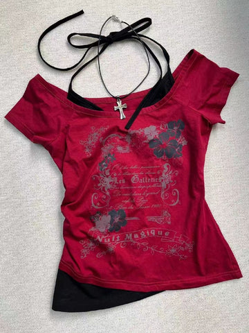 Sonicelife American Retro Halter Neck Printed T-shirt 2024 Summer Streetwear Hot Girl Slim Millennium Harajuku Fashion Casual Women Clothes