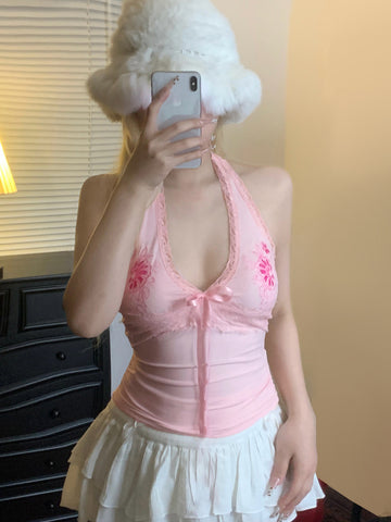 Sonicelife Sweet Cute Pink Vest Women Y2k E-girl Pastel Goth Lace Patchwork Bow V-neck Crop Tank Tops Aesthetic Fairy Outfits Femme