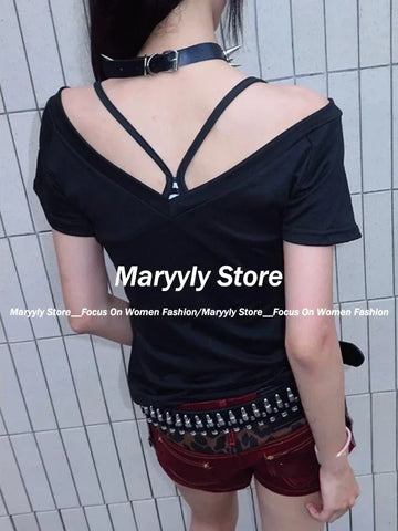 Sonicelife 2025 Summer Y2k Aesthetic Tops Two Pieces Set Women Harajuku Fairy Cropped Letter Printing V Neck T Shirts + Stripe Grunge Vest