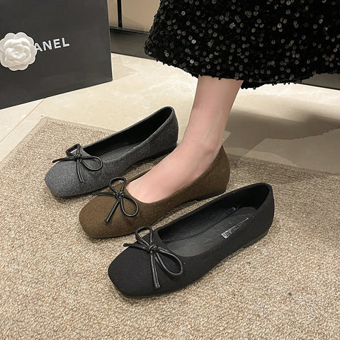 Sonicelife Women's Felt Flats Bowtie Ballet Flats Square Toe Slip on Flat Shoes New Fashion Women Boat Shoes Black 2024 Spring Autumn