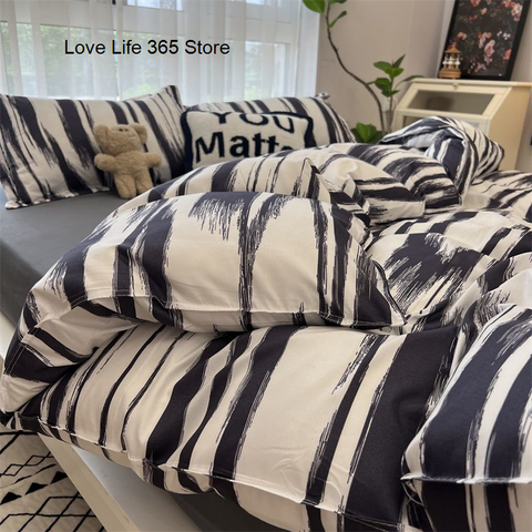 Sonicelife White And Black Stripe Simple Bedding Set Nordic Style Quilt Cover Modern Home Textile Full Size For Kids Adults  Soft Polyester