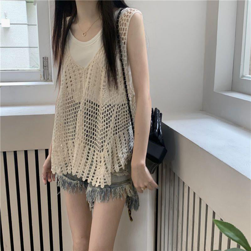 Sonicelife Summer Hollow Out Sleeveless Tanks Women Korean Fashion Chic Camisole Harajuku Casual Loose Knitted Vest Tops New