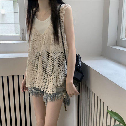 Sonicelife Summer Hollow Out Sleeveless Tanks Women Korean Fashion Chic Camisole Harajuku Casual Loose Knitted Vest Tops New