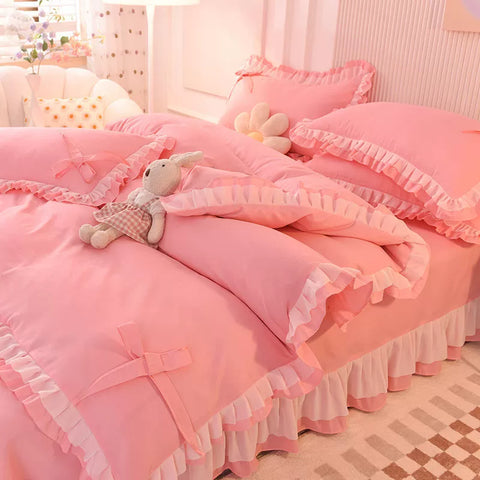 Sonicelife Green Bedding Sets Kawaii Seersucker Bed Sheet Pillowcase Fashion Girl Princess Duvet Cover 4 Pieces Cute Home Decoration