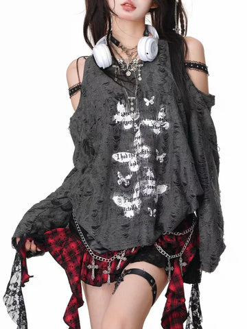 Sonicelife Women Y2k Gothic Grunge Dark Hollow Out T Shirt Spring Harajuku Hollow Out Off Shoulder Sexy Tees Autumn Punk Letter Print Tops