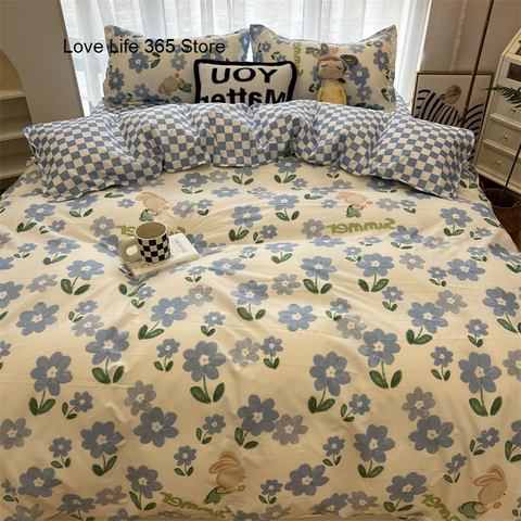 Sonicelife Ins Nordic Pastoral Style blue Floral Duvet Cover With Pillow Case Princess Bed Sheet Kids Girls Bedding Set King Queen Cute