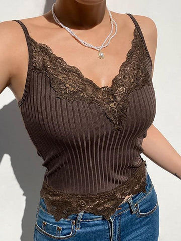 Sonicelife-V-Neck Ribbed Lace Camisole Top