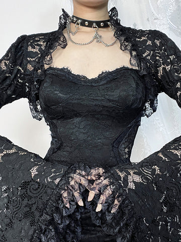 Sonicelife Dark Gothic Lace Cover Ups Women Vintage Classic See Through Flare Sleeve Crop Top Blouse Y2k E-girl Emo Alt Rave Outfit