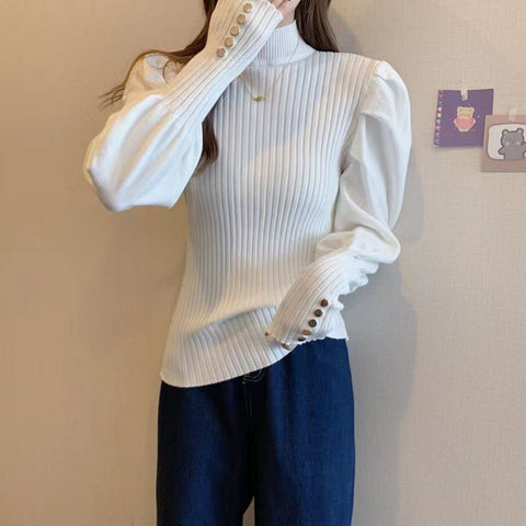 Sonicelife Fashion Puff Sleeve Sweaters Women Sweet Long Sleeve Korean Knitted Pullovers Casual Mock Neck Female Fall Apricot Jumpers